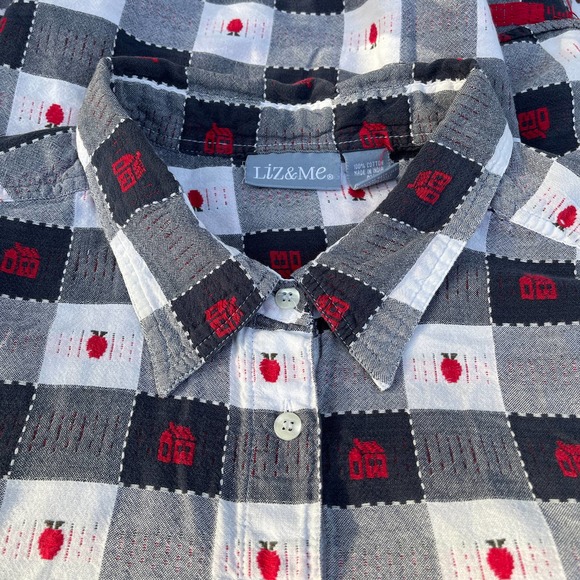 Vintage 90s Blue White Plaid School House Apple Short Sleeves Liz and Me Size 4X - Picture 7 of 11